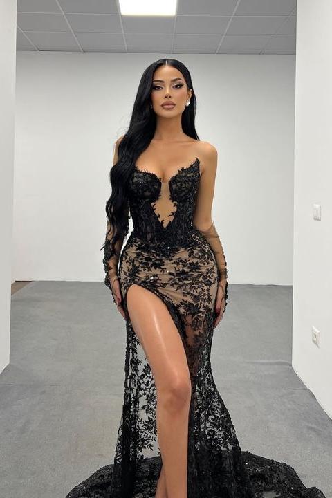 Charming Black Applique Lace Long Sleeves Strapless Long Prom Dress with Split