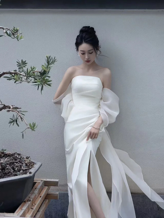 Elegant White Strapless Prom Dress, High Slit Fairy Wedding Guest Gown Maxi Dress fg8726