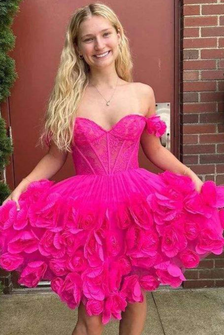 A-Line Off the Shoulder Pink Satin Homecoming Dresses with Flowers