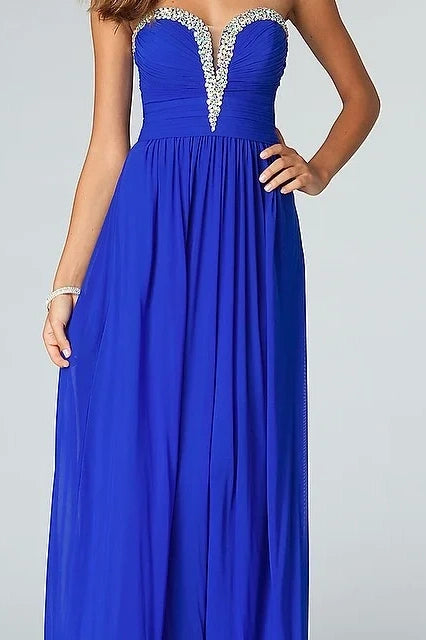 Royal Blue Strapless Sleeveless Deep V-Neck Beadeds Prom Dress