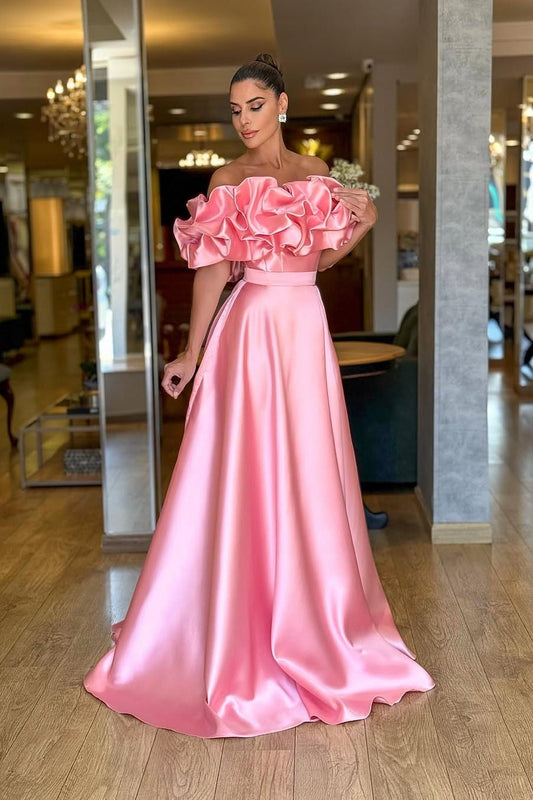 Glamorous Blushiing Pink Satin Off the Shoulder Strapless Long Prom Dress with Pleated