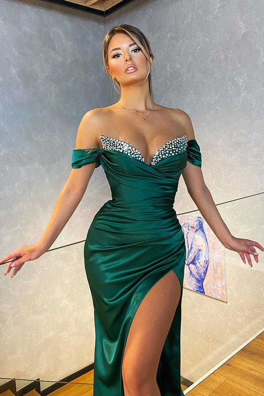 Off-the-Shoulder Dark Green Mermaid Prom Dress Split