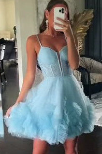 Hot Pink Plunging V Neck Straps A-line Ruffles Homecoming Dress