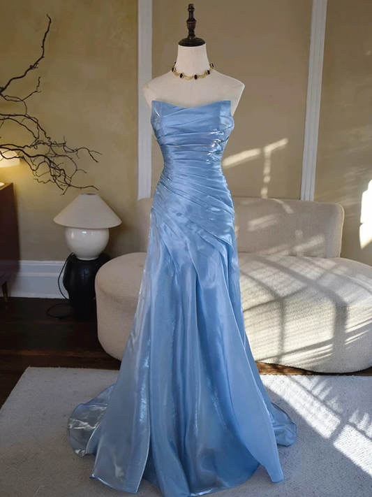 Vintage-Inspired Blue Strapless Prom Dress, Ruched Pleated Mermaid Evening Dress fg8746