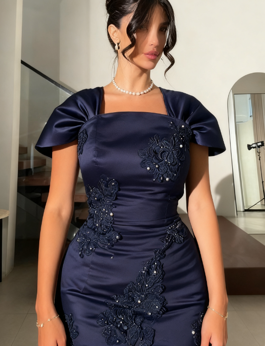Elegant Square Neck Sheath Navy Blue New Year Evening Dresses Satin Applique Navy Blue Wedding Guest Dresses ED04854