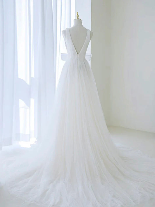 A-Line Off Shoulder White Tulle Flower Long Prom Dress, Blue Long Formal Dress ED072
