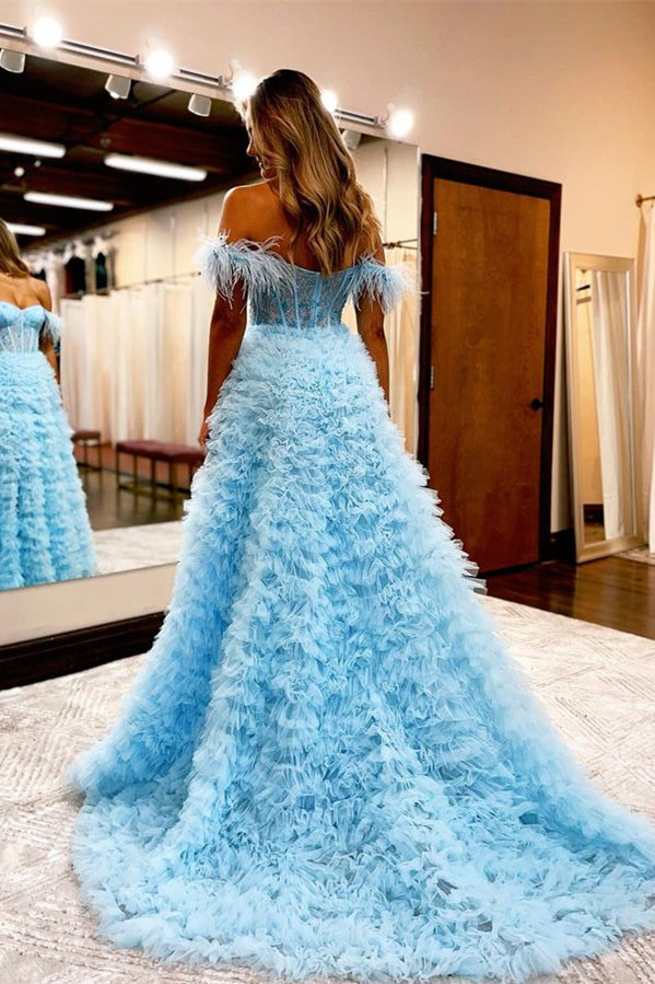 Baby Blue A Line Sweetheart Evening Dress With Feathers Online For Grad Party