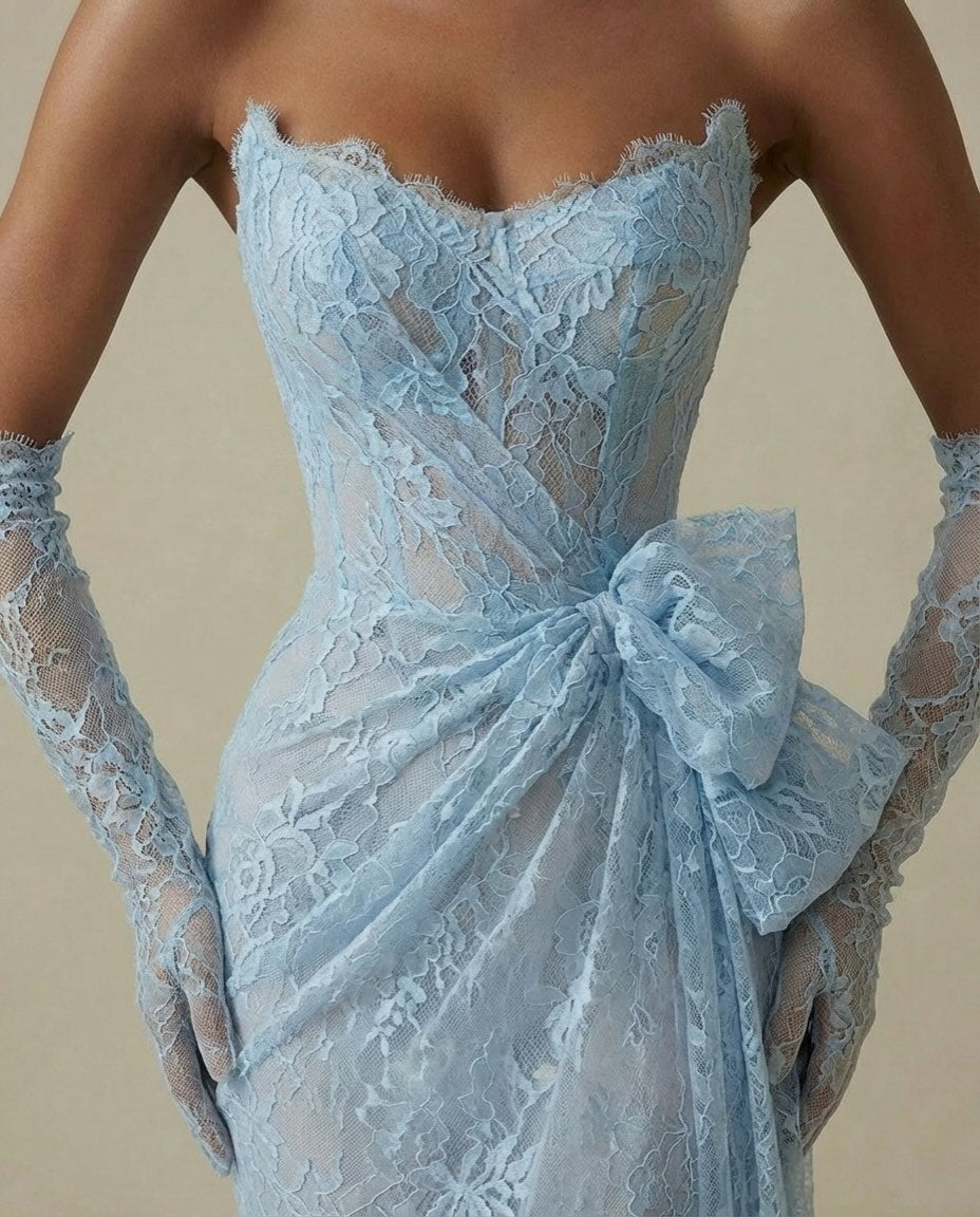 Elegant Sky Blue Sleeveless Mermaid Evening Embroidery Dress With Gloves