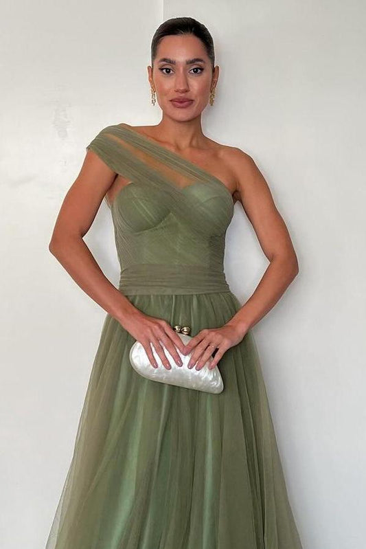 Stunning Green Tulle One Shoulder Sleeveless Long Prom Dress with Pleated