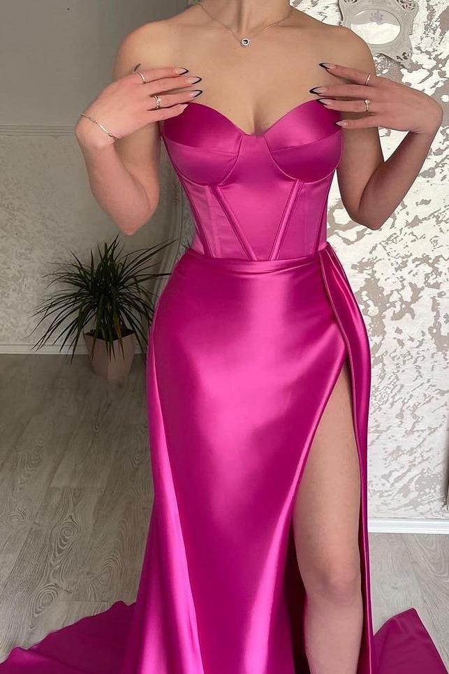 Stunning Fuchsia Satin Sleeveless Strapless Sweetheart Prom Dress with Split