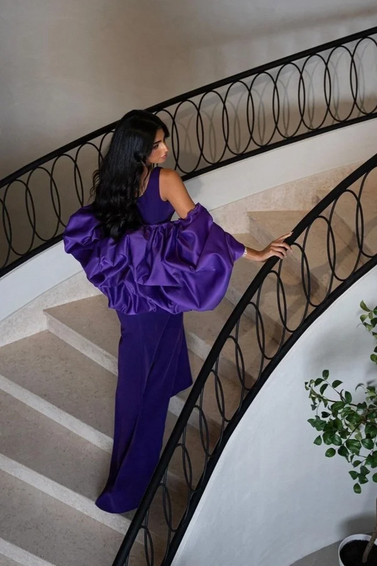 Deep Purple Square-Neck Prom Dress With Circle Shawl