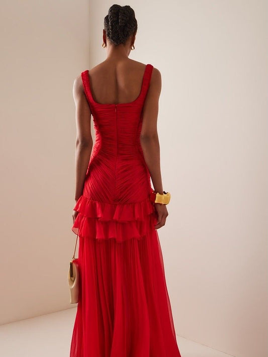 Elegant Ruffled Red Sleeveless Square Long Prom Dress With Pleated