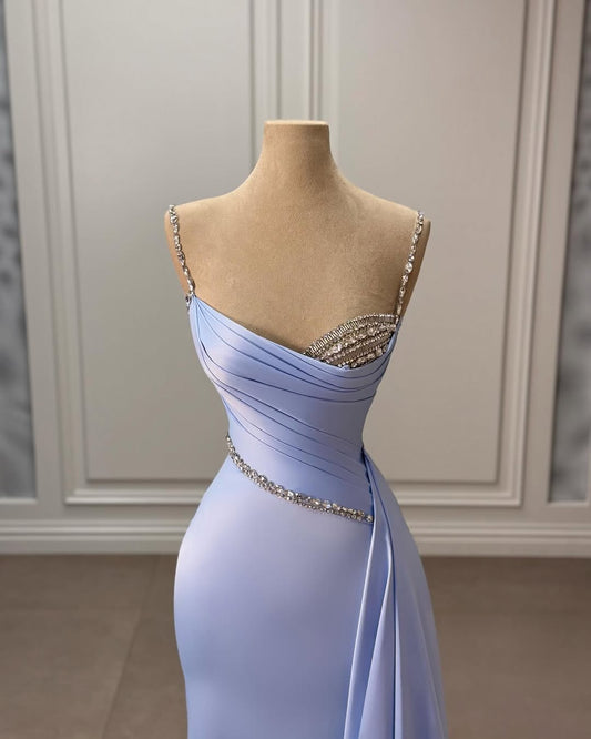 Lilac Spaghetti Straps Sleeveless Square Mermaid Prom Dress With Beads