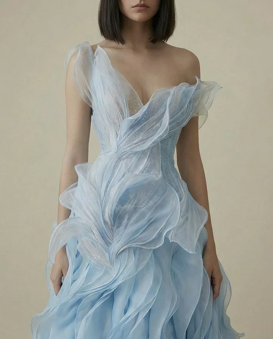 Dreamy Sky Blue V-Neck Pleated Ruffles Long Evening Dress