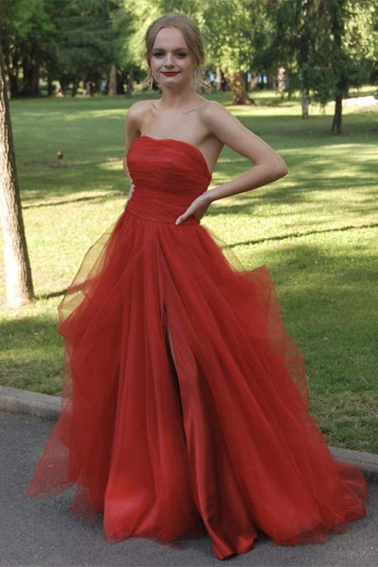 Strapless Slit Tulle Long Prom Dress
