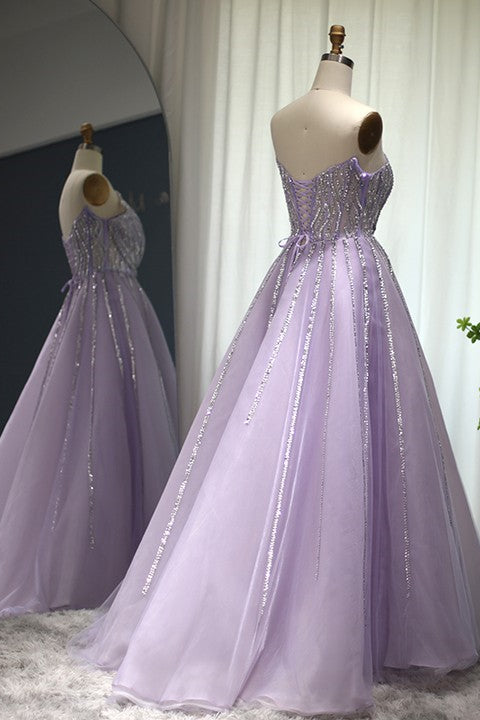 A Line Sleeveless Prom Dress Flower Strapless Tulle With Appliques Sequins