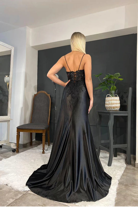 Black V Neck Spaghetti Strap Sleeveless Long Split Prom Dress with Embroidered