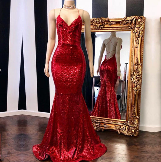Mermaid Red Spaghetti-Straps Long Prom Dress With Sequins