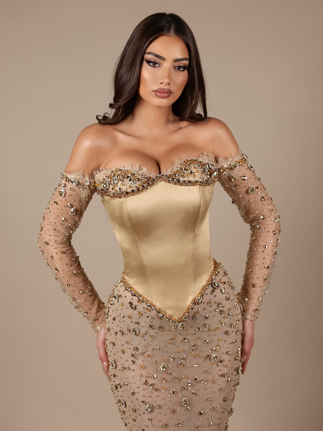 Long Sleeves Sweetheart Strapless Mermaid Beads Prom Dress