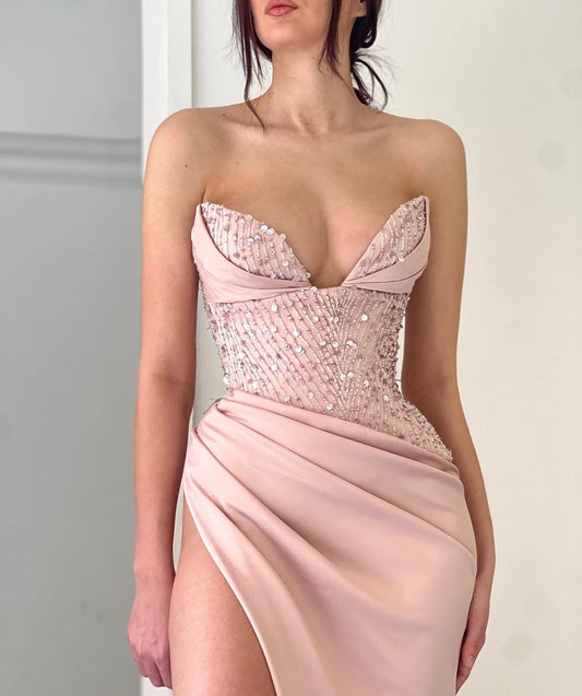 Pink Sleeveless Strapless Mermaid Beads Prom Dress