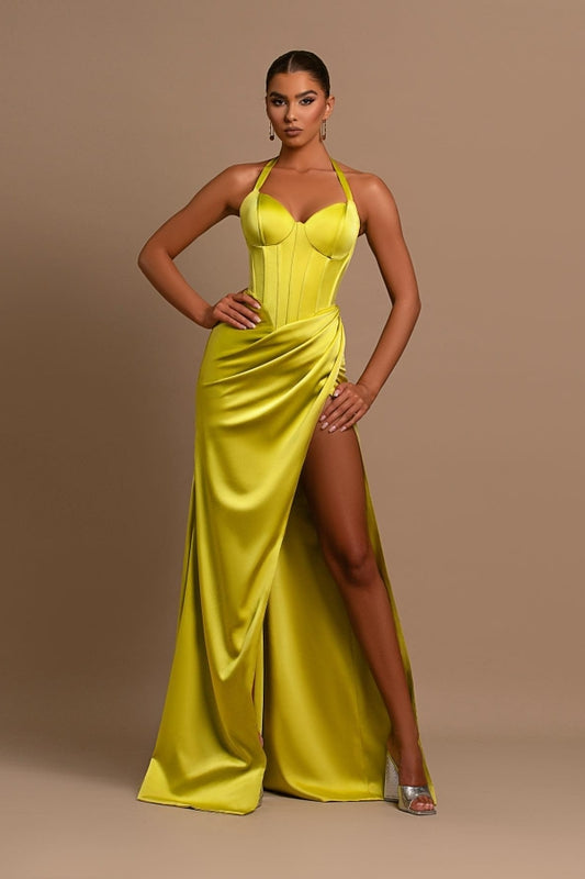 Fashionable Yellow Halter Neck Mermaid Prom Dress With Split