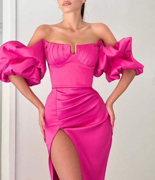 Fuchsia Strapless Off-the-Shoulder Mermaid Puff Sleeves Evening Dress With Split