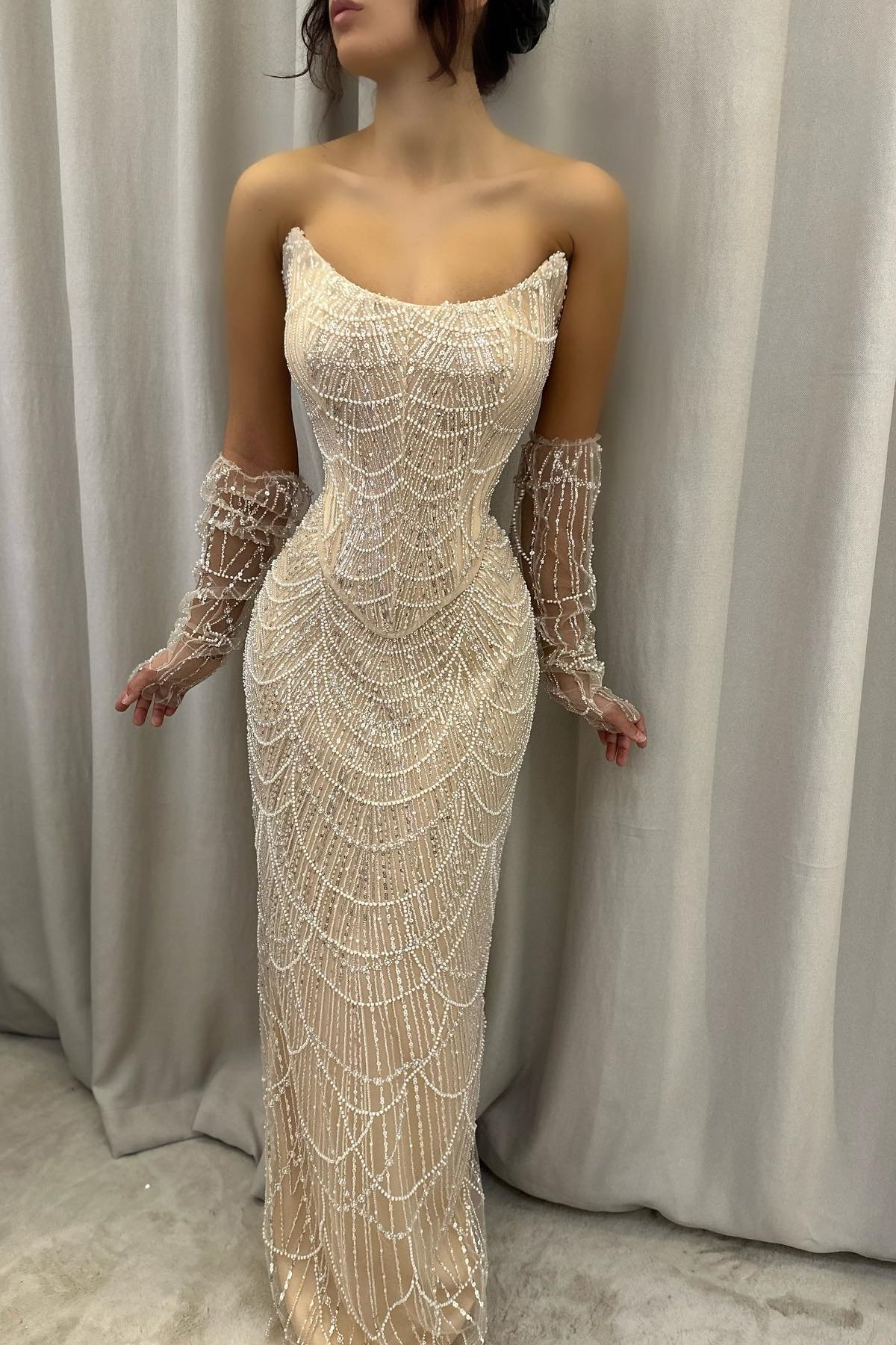 Champagne Sleeveless Boat Neck Beadeds Mermaid Prom Dress with Gloves