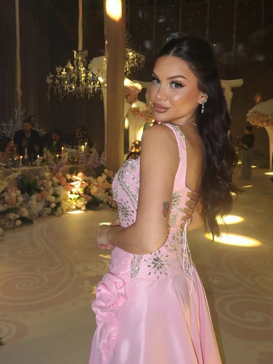 Elegant Pink Sleeveless Wide Straps A Line Beading Embroidery Prom Dress