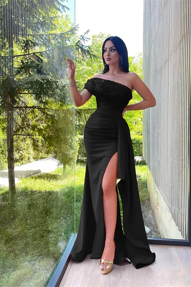 One Shoulder Sequins Strapless Red Split Mermaid Prom Dress With Lace Appliques