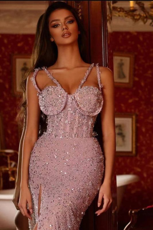 Pink Purple Beadings Gorgeous Prom Dress Split Mermaid Long With V Neck