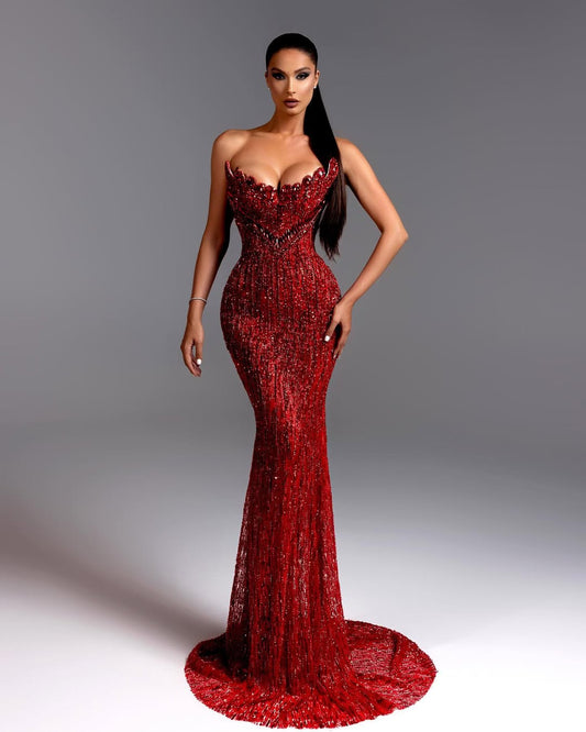 Sleeveless Strapless V-Neck Beads Mermaid Prom Dress