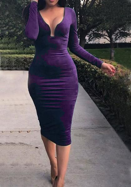 Sapphire Blue Long Sleeve Deep V-neck Elegant dress fg2416