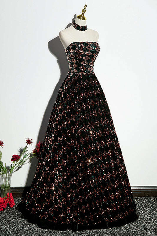 Shiny A Line Strapless Sequins Long Prom Dress Evening Dress SH1717