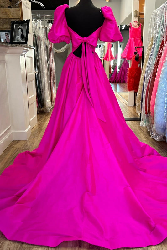 Fuchsia Puff Sleeves Ruffle A-line Long Prom Dress