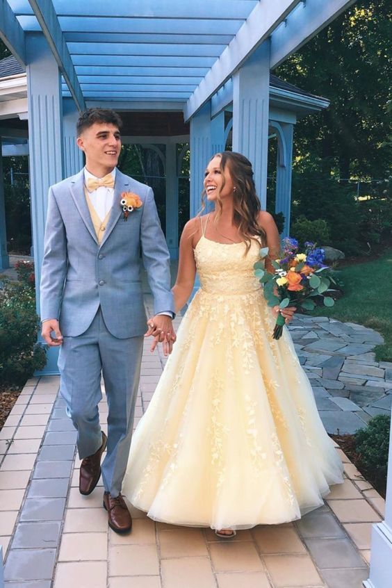 Yellow Tulle Appliques Beads Prom Dresses Double Straps Prom Gown T1865