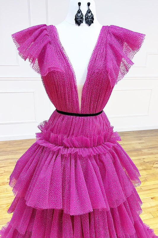 Fuchsia Flutter Sleeves Layers Dot A-line Long Prom Dress