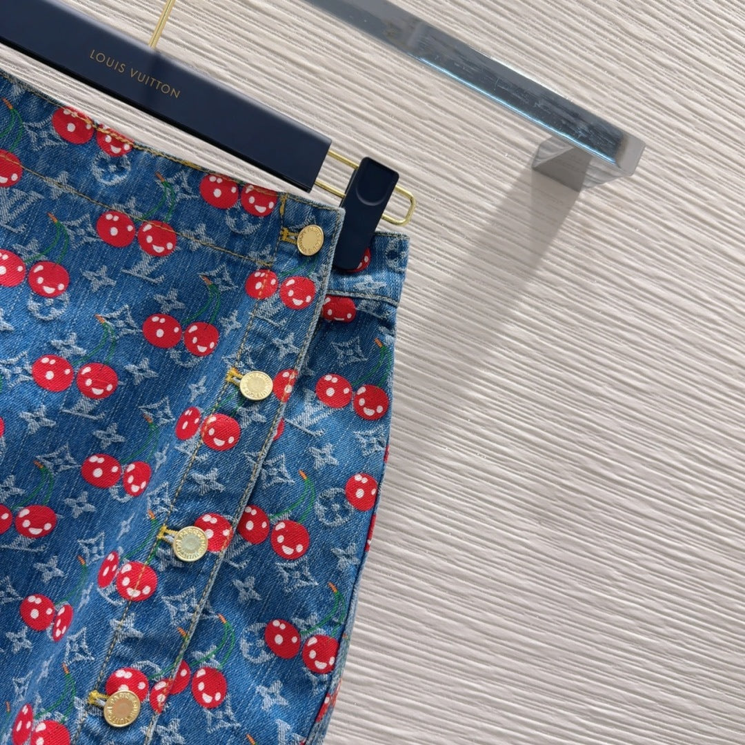 LV 25 Cherry Denim Skirt Blue Cotton
