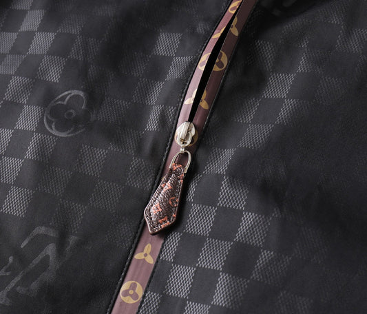 LV HOODED JACKET IN BLACK DAMIER AND BROWN TRIM 239036
