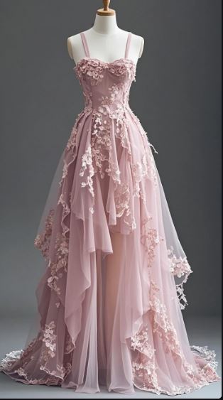 Blue Fairytale A-line Hi-Lo Prom Dress for Masquerade __ulle&Lace Applique Spaghetti Strap Evening Dress ED01389