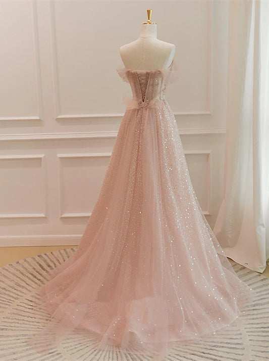 Pink Sparkle A-line Sequins Tulle Long Formal Dress Prom Dress SH1639