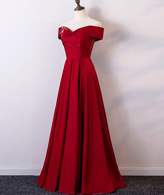 Burgundy A Line Off-the-shoulder Satin Long Prom Dress Evening Dress SH1672