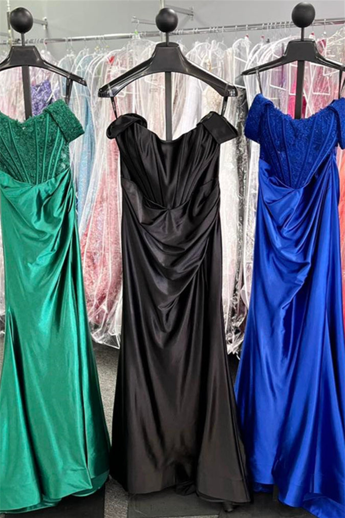 Royal Blue Off-Shoulder Mermaid Floral Satin Long Prom Dress with Slit