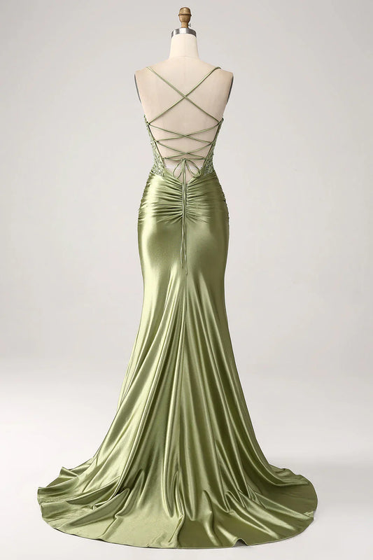 Mermaid Spaghetti Straps Lace-up Back Sequin Satin Prom Dress With Slit SH1567