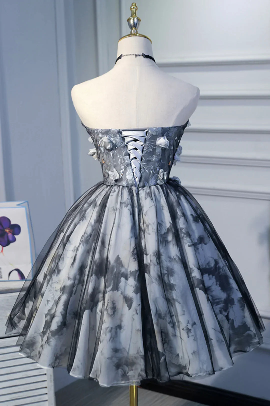 Elegant Homecoming Dress Sweetheart Tulle Flowers Short Prom Dress Back to School Outfits Party Dress D6094