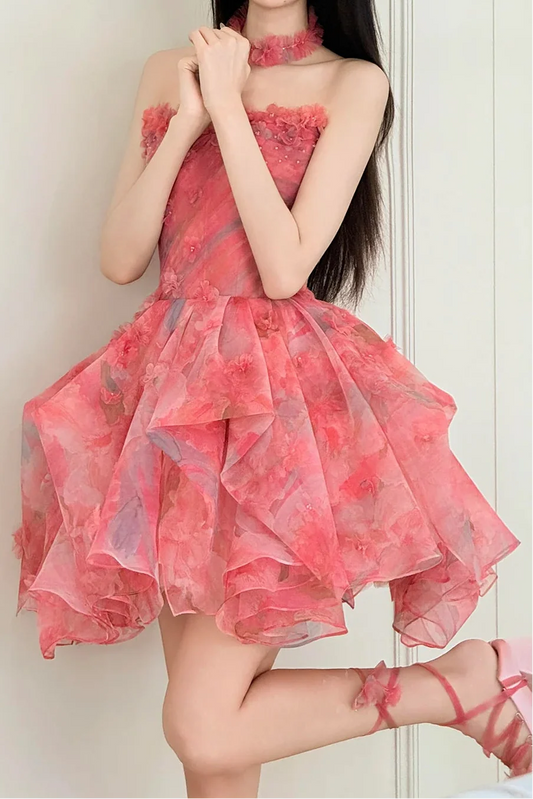 Charming Homecoming Dress Strapless Floral Tulle Short Pleated Short Prom Dress Back to School Outfits Party Dress D6016