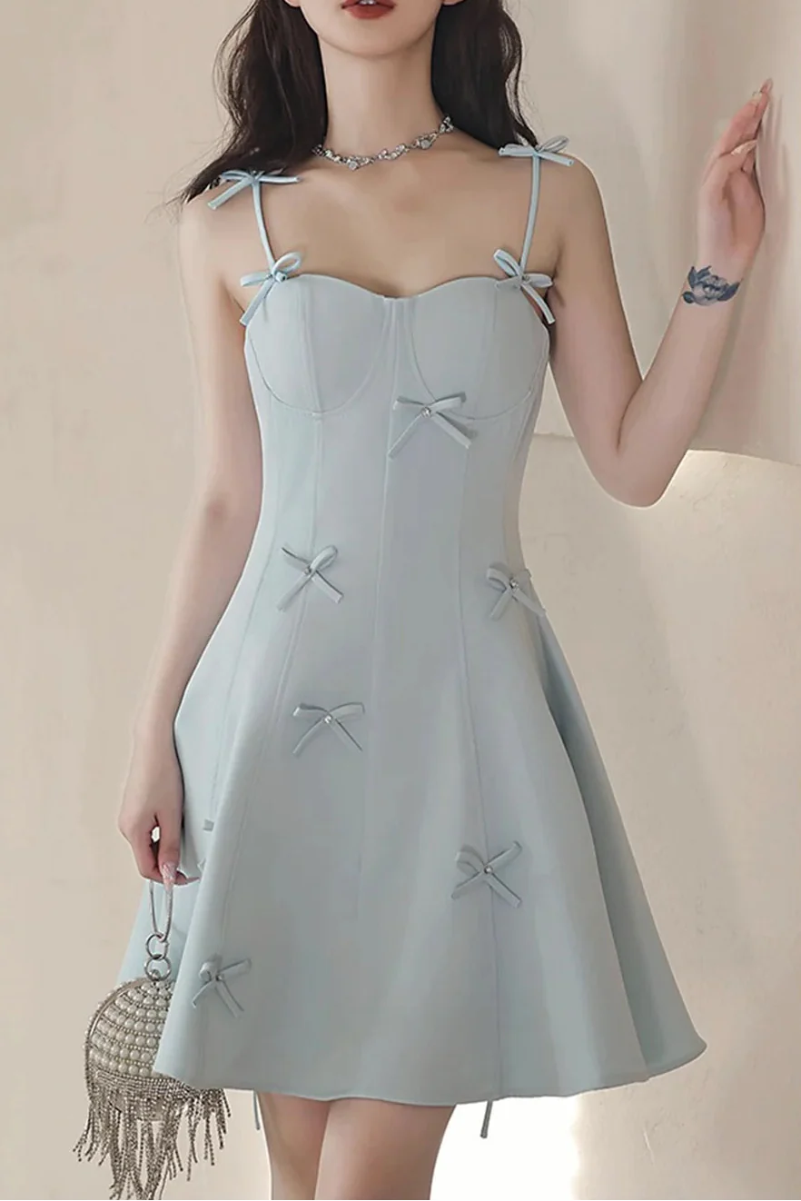 Cute Homecoming Dress Spaghetti Straps Bowknot Short Prom Dress Back to School Outfits Party Dress D6020