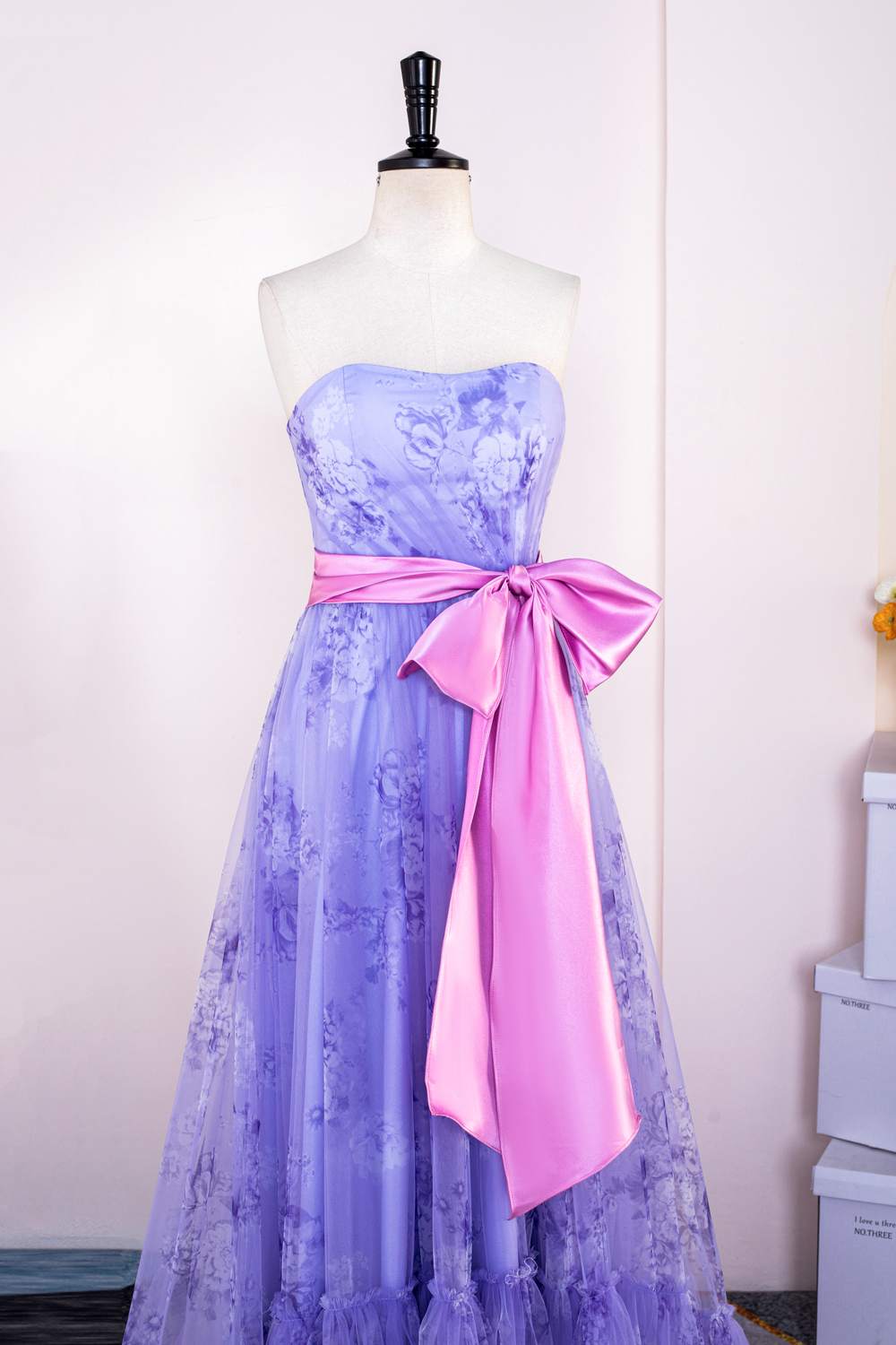 Lavender Strapless Ruffled Floral Long Prom Dress with Bow Sash