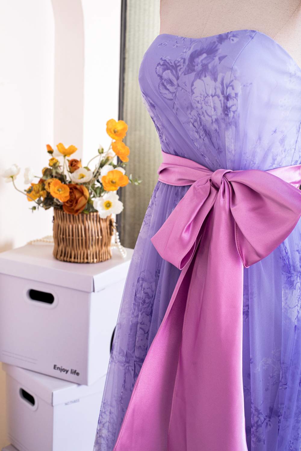 Lavender Strapless Ruffled Floral Long Prom Dress with Bow Sash