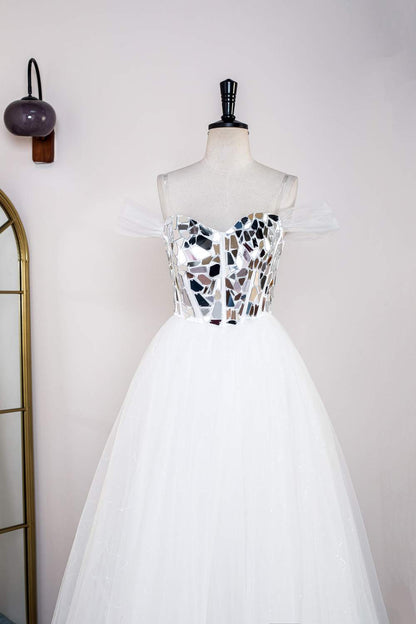 White Mirror-Cut Sequined Top A-line Tulle Long Prom Dress
