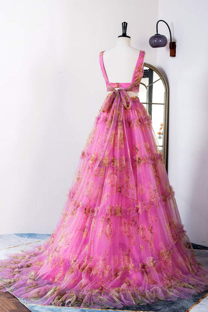 Pink Two-Piece Ruffled Floral Long Prom Dress